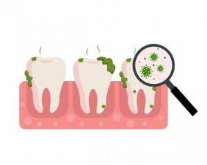 Dirty and smelly teeth with Bad breath Magnifying glass examine teeth with bacteria concept of oral hygiene.